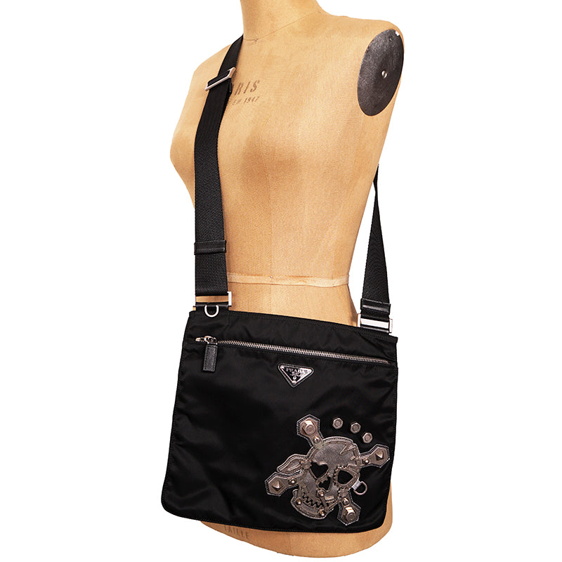NEVER USED PRADA 2011 Vintage Black Nylon Saffiano SKULL CROSSBONE Crossbody BAG