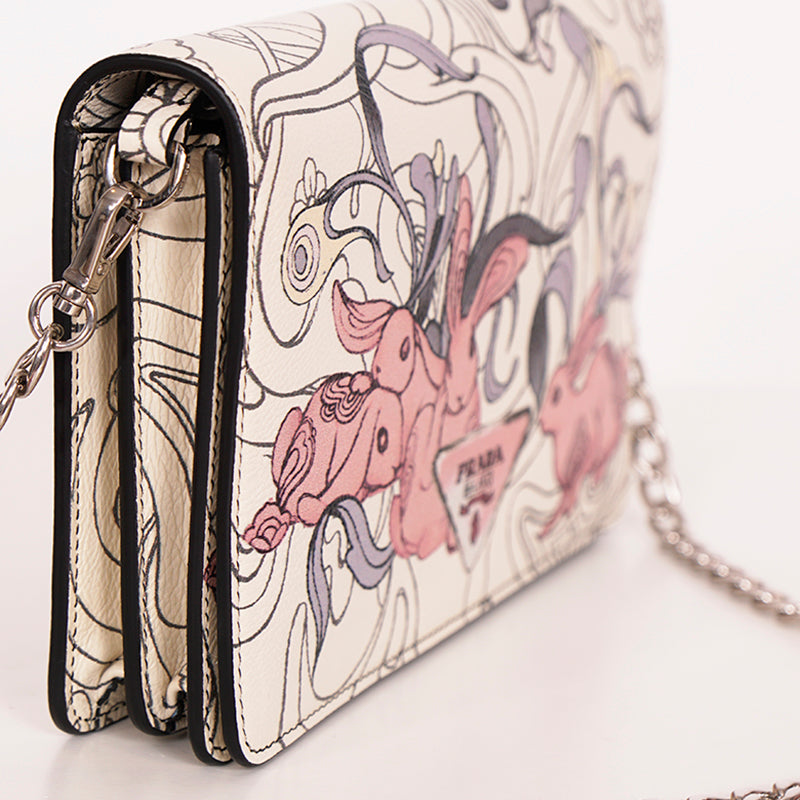 NEW PRADA x James Jean 2018 RUNWAY Rabbit BUNNY PRINT Glacé Calf Leather BAG NIB
