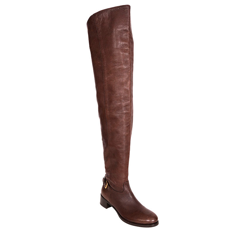 37 VINTAGE $2,050 PRADA Brown Rugged Leather OVER THE KNEE Tall Low Heel BOOTS