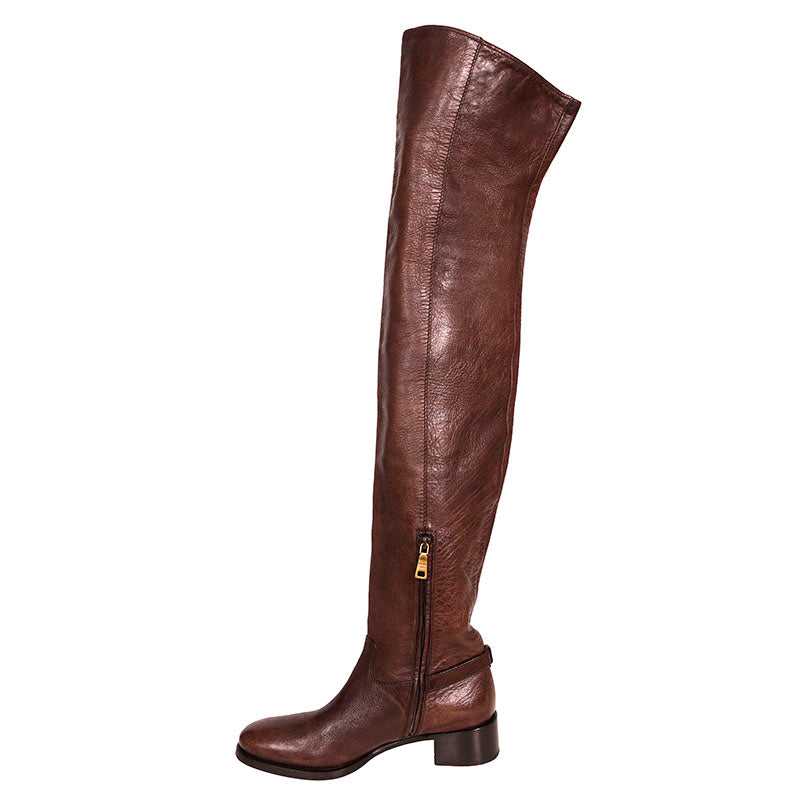 37 VINTAGE $2,050 PRADA Brown Rugged Leather OVER THE KNEE Tall Low Heel BOOTS
