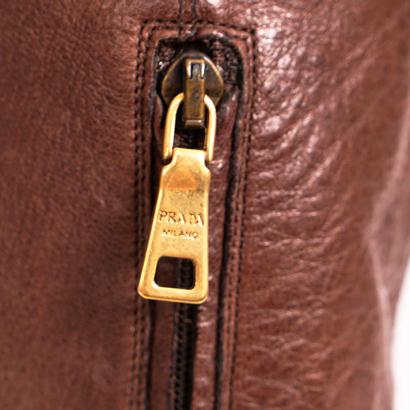 37 VINTAGE $2,050 PRADA Brown Rugged Leather OVER THE KNEE Tall Low Heel BOOTS