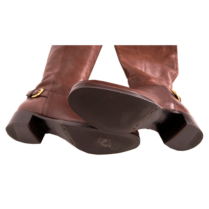 37 VINTAGE $2,050 PRADA Brown Rugged Leather OVER THE KNEE Tall Low Heel BOOTS