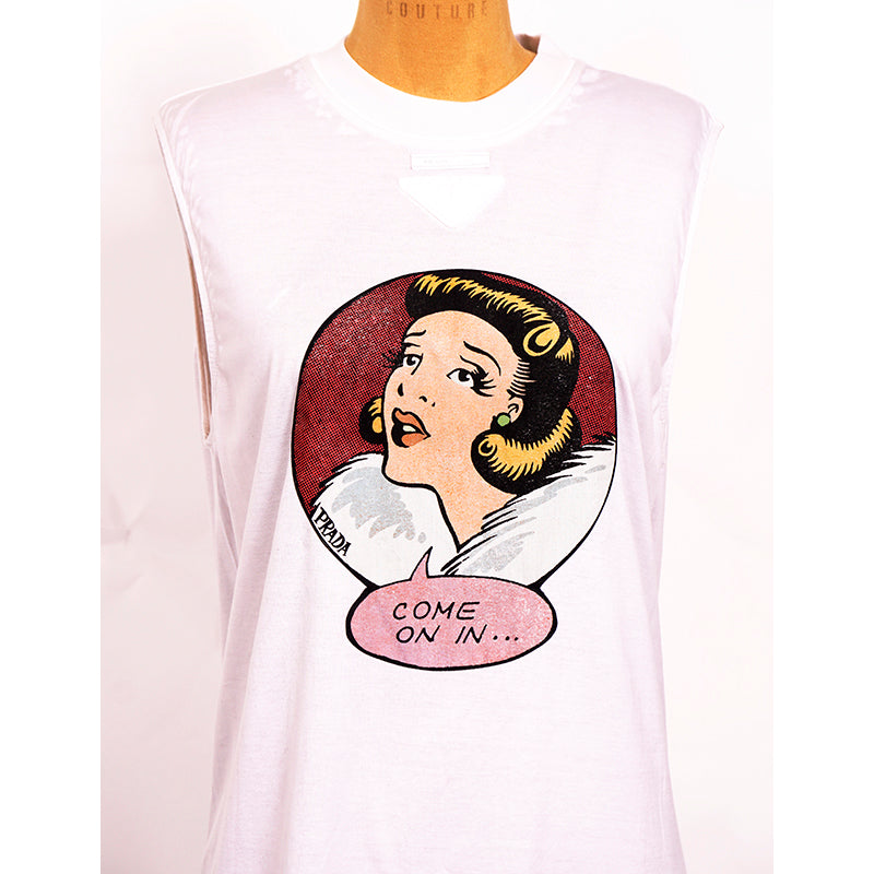 sz S NEW $1680 PRADA Runway White GRAPHIC CARTOON COMIC Come On In T-Shirt DRESS