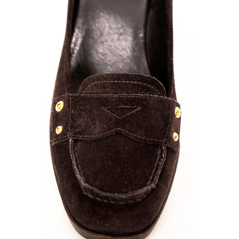 37 VINTAGE Y2K PRADA Brown Suede Square Toe Penny Loafer CHUNKY HEELS Never worn