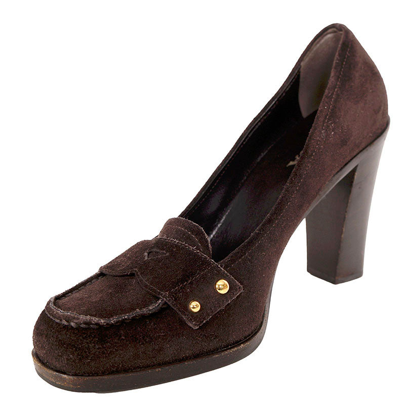 37 VINTAGE Y2K PRADA Brown Suede Square Toe Penny Loafer CHUNKY HEELS Never worn