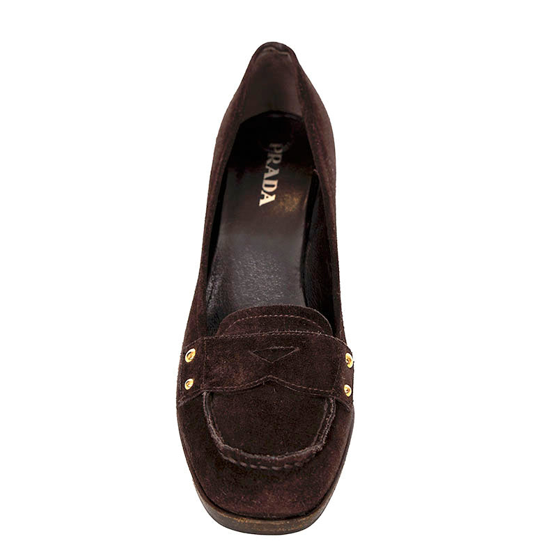 37 VINTAGE Y2K PRADA Brown Suede Square Toe Penny Loafer CHUNKY HEELS Never worn