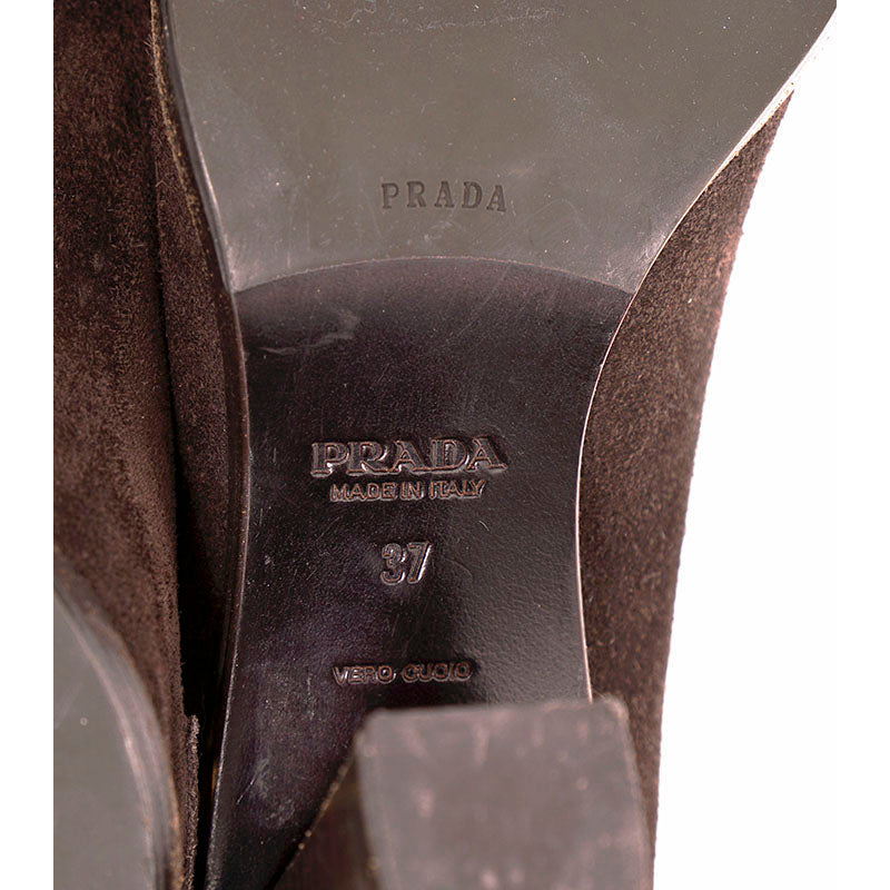 37 VINTAGE Y2K PRADA Brown Suede Square Toe Penny Loafer CHUNKY HEELS Never worn