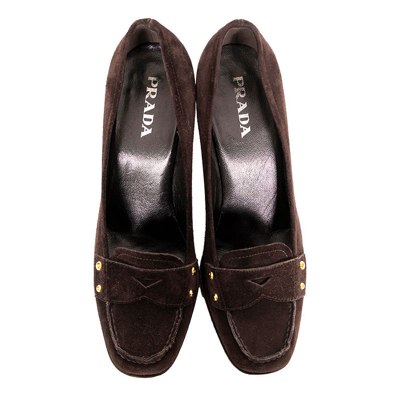 37 VINTAGE Y2K PRADA Brown Suede Square Toe Penny Loafer CHUNKY HEELS Never worn