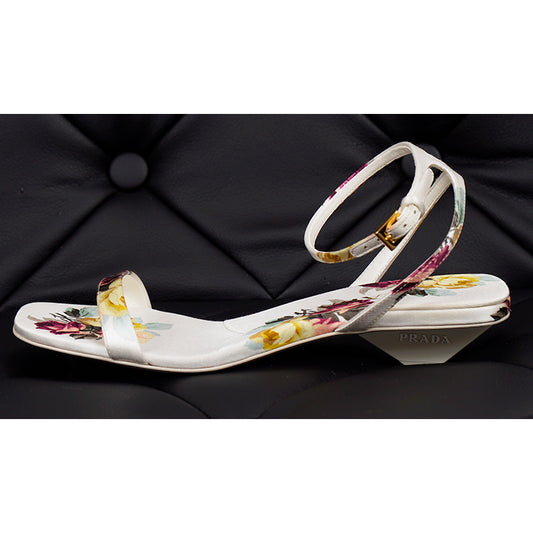 36.5 NEW $1220 PRADA St Camelia White FLORAL SATIN Kitten LOGO HEELS SANDALS 6.5