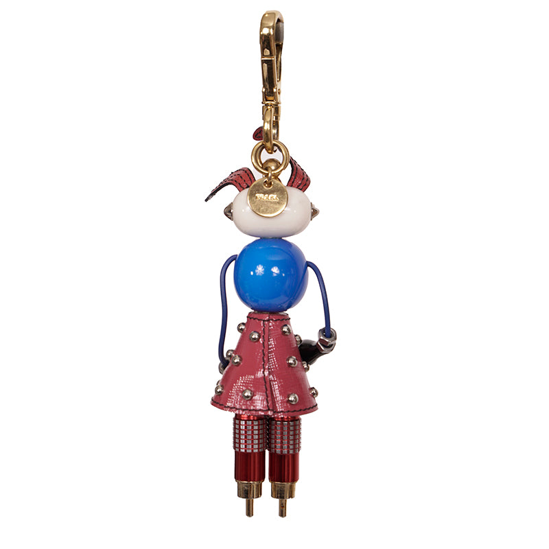 NEW $725 PRADA Saffiano Leather Metal Annie BUNNY RABBIT ROBOT Key Ring BAG FOB