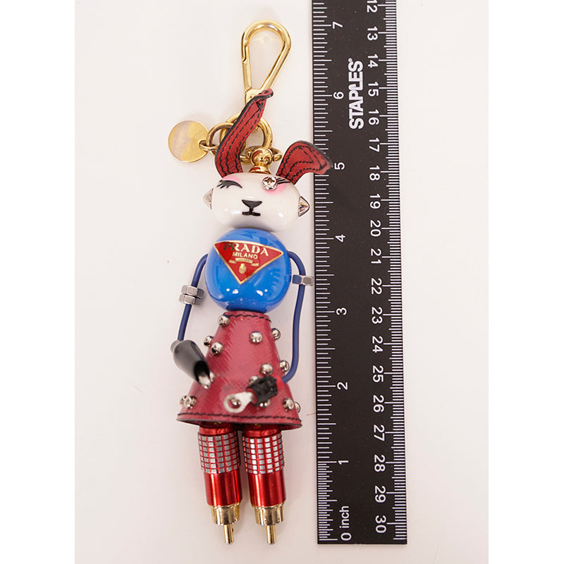 NEW $725 PRADA Saffiano Leather Metal Annie BUNNY RABBIT ROBOT Key Ring BAG FOB