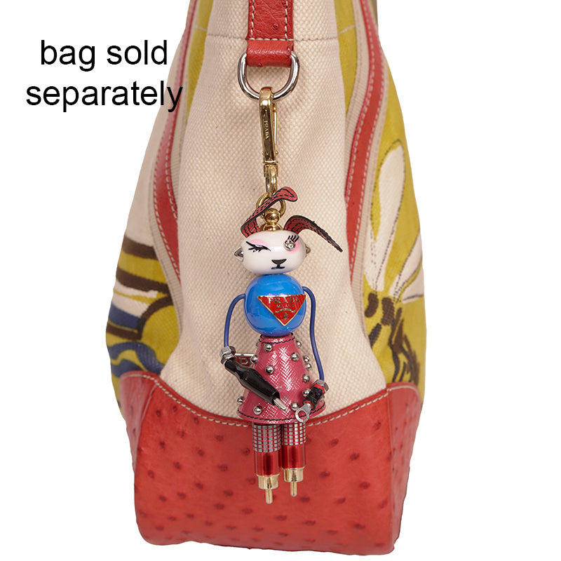 NEW $725 PRADA Saffiano Leather Metal Annie BUNNY RABBIT ROBOT Key Ring BAG FOB