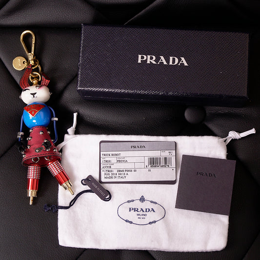 NEW $725 PRADA Saffiano Leather Metal Annie BUNNY RABBIT ROBOT Key Ring BAG FOB