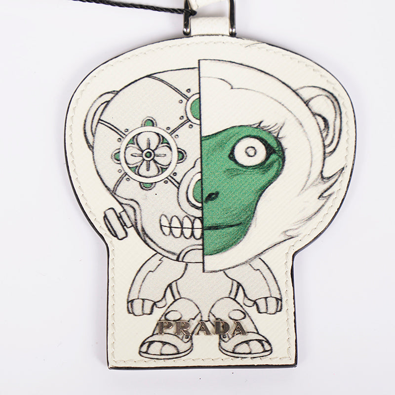 NEW $375 PRADA White ROBOT MONKEY Saffiano Leather METAL KEYRING Trick BAG CHARM