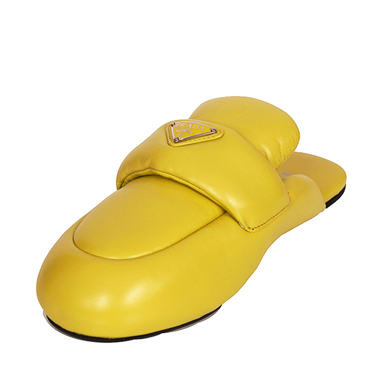 36.5 NEW $1,020 PRADA Cedro Yellow Padded Soft Leather SABOT FLATS LOGO LOAFERS
