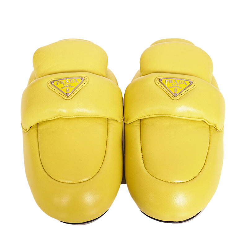 36.5 NEW $1,020 PRADA Cedro Yellow Padded Soft Leather SABOT FLATS LOGO LOAFERS