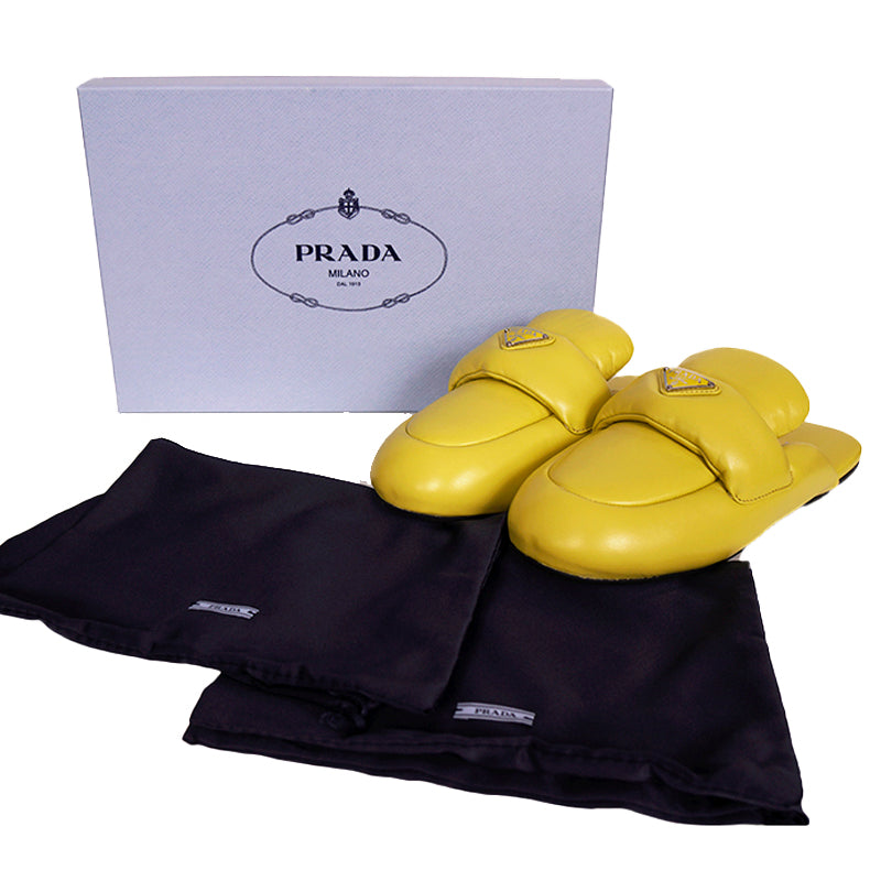 36.5 NEW $1,020 PRADA Cedro Yellow Padded Soft Leather SABOT FLATS LOGO LOAFERS