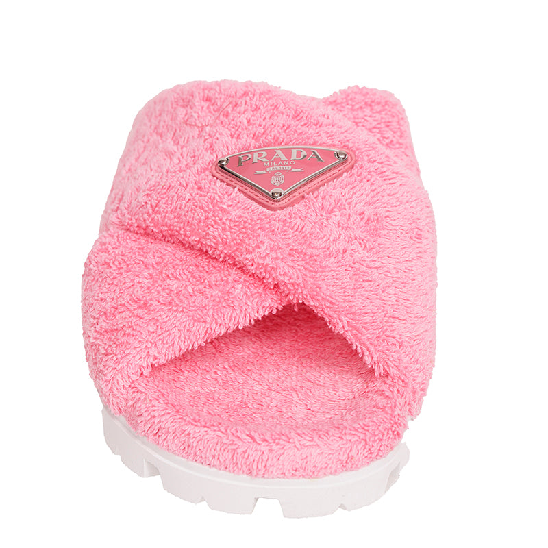 sz 36.5 NEW $825 PRADA Women's Pink TERRY CLOTH Sporty TRIANGLE Logo SANDALS