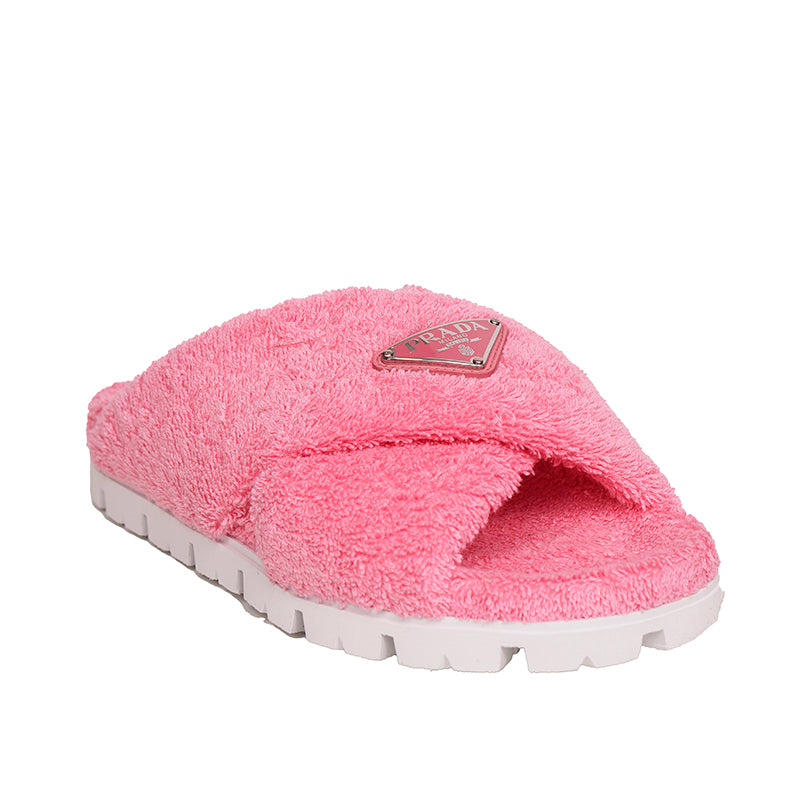 sz 36.5 NEW $825 PRADA Women's Pink TERRY CLOTH Sporty TRIANGLE Logo SANDALS