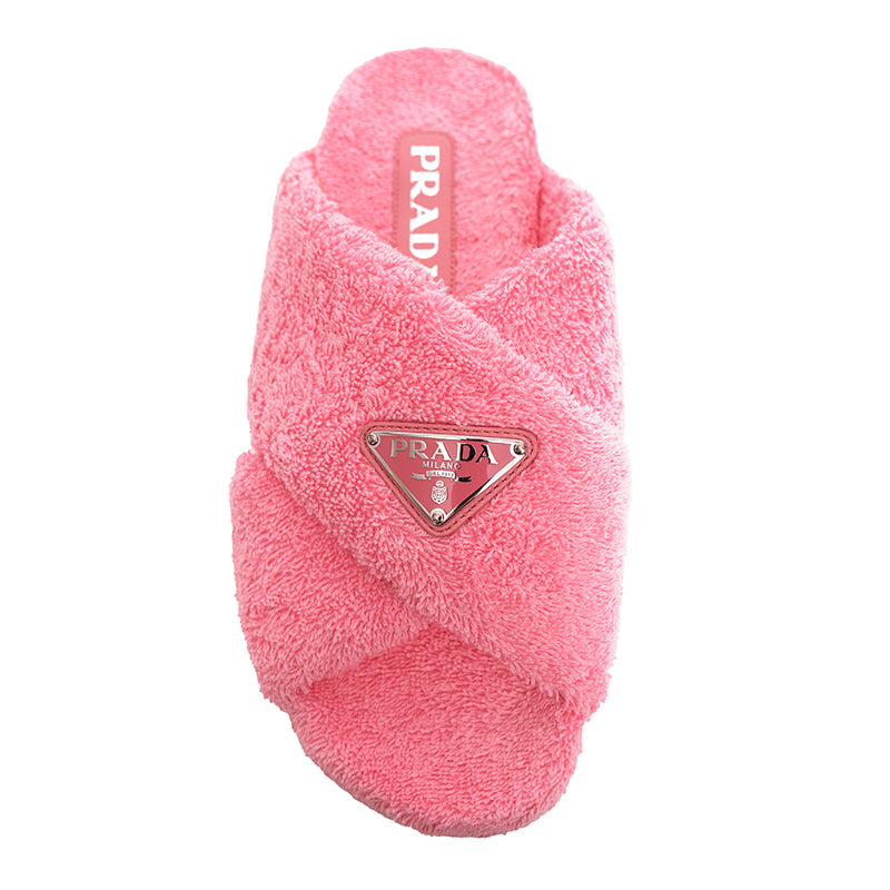 sz 36.5 NEW $825 PRADA Women's Pink TERRY CLOTH Sporty TRIANGLE Logo SANDALS