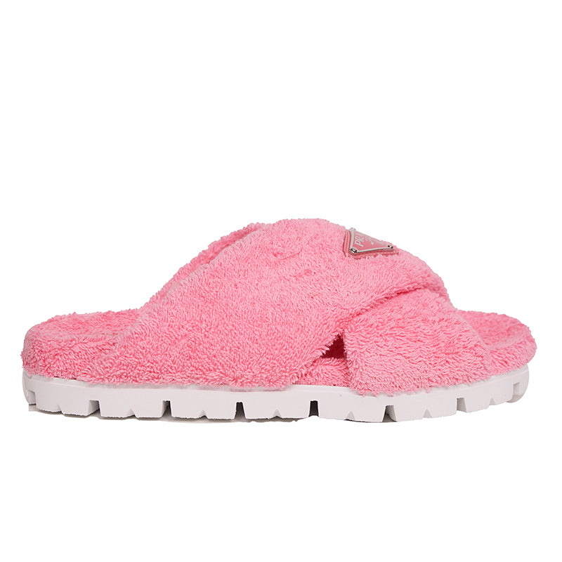 sz 36.5 NEW $825 PRADA Women's Pink TERRY CLOTH Sporty TRIANGLE Logo SANDALS