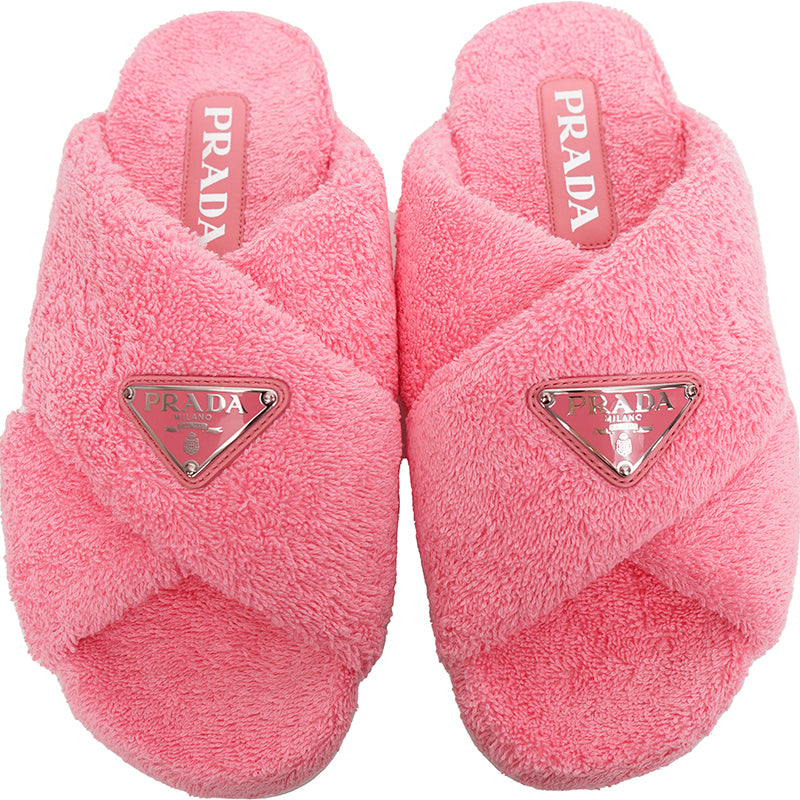 sz 36.5 NEW $825 PRADA Women's Pink TERRY CLOTH Sporty TRIANGLE Logo SANDALS