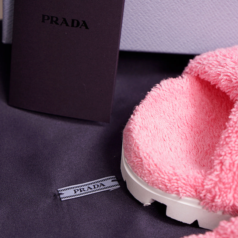 sz 36.5 NEW $825 PRADA Women's Pink TERRY CLOTH Sporty TRIANGLE Logo SANDALS