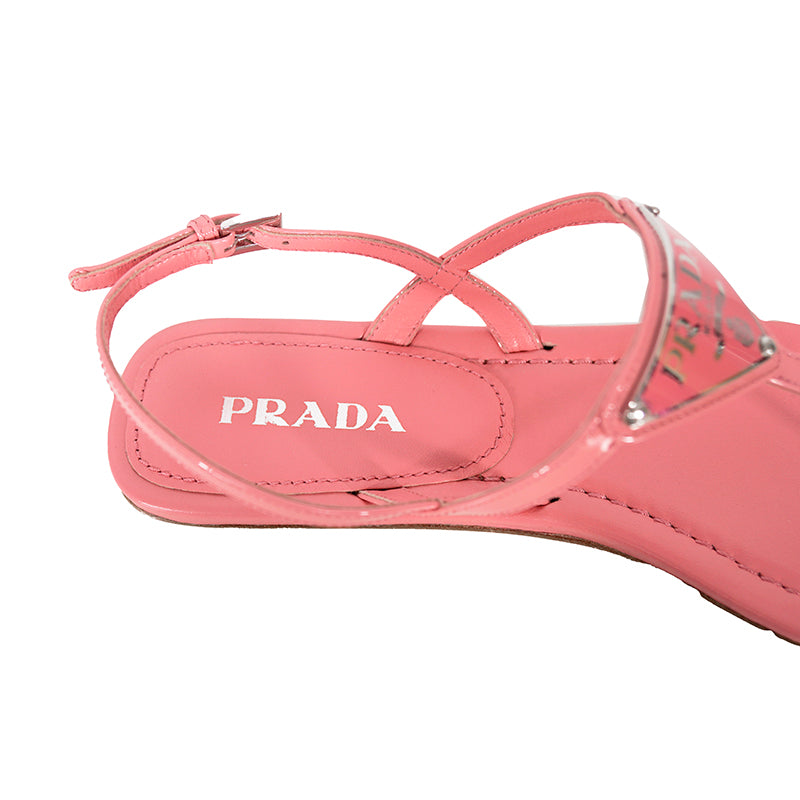 sz 37 NEW $960 PRADA Petal Pink Patent Leather LARGE LOGO Slingback SANDALS NIB
