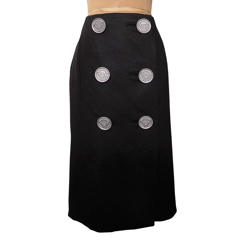 38 NEW $3,160 PRADA Black Wool LARGE METAL LOGO BUTTONS Wrap Midi PENCIL SKIRT