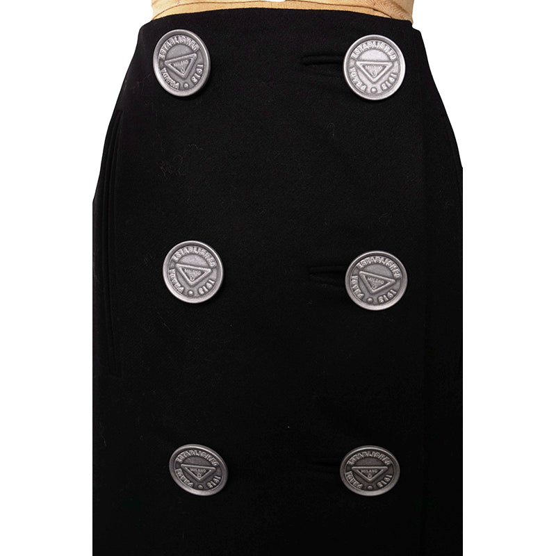38 NEW $3,160 PRADA Black Wool LARGE METAL LOGO BUTTONS Wrap Midi PENCIL SKIRT