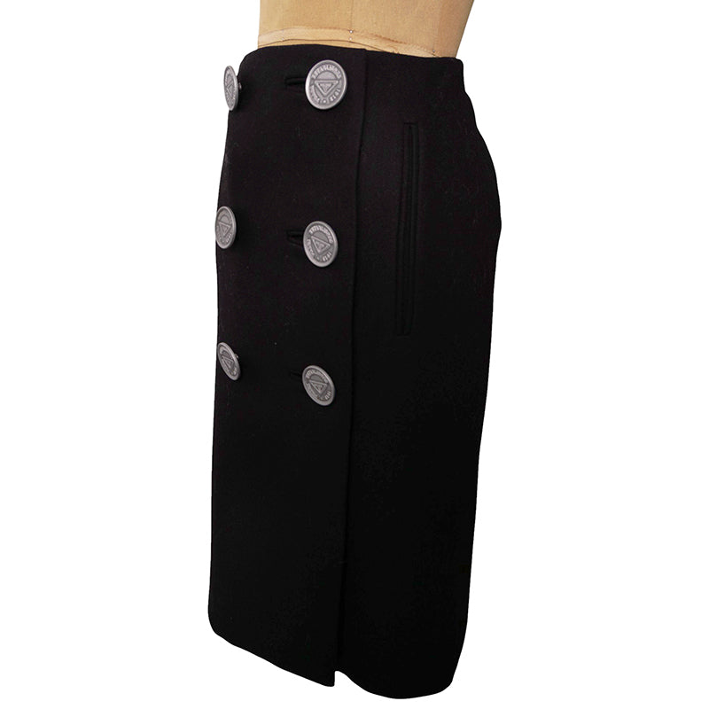 38 NEW $3,160 PRADA Black Wool LARGE METAL LOGO BUTTONS Wrap Midi PENCIL SKIRT