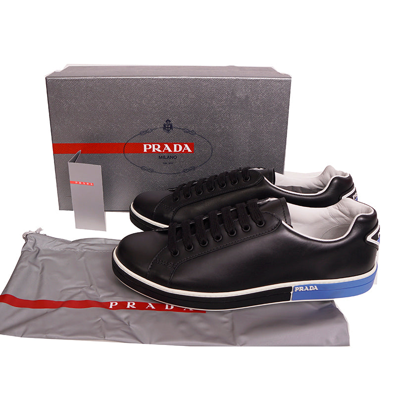 UK 11 US 12 NEW $895 PRADA Mens Black Leather TRIANGLE LOGO Low Top SNEAKERS NIB