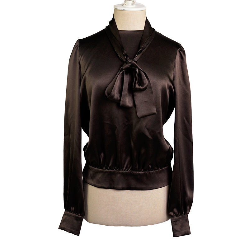 sz 42 NEW $1,980 PRADA Ebony Dk Brown 100% Silk Satin TIE NECK BLOUSE Shirt TOP