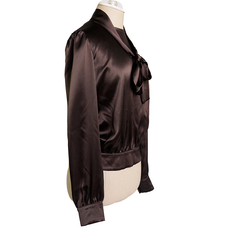 sz 42 NEW $1,980 PRADA Ebony Dk Brown 100% Silk Satin TIE NECK BLOUSE Shirt TOP