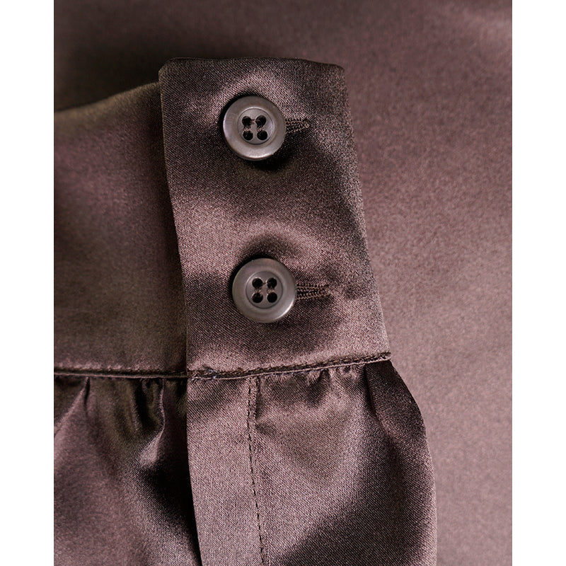sz 42 NEW $1,980 PRADA Ebony Dk Brown 100% Silk Satin TIE NECK BLOUSE Shirt TOP