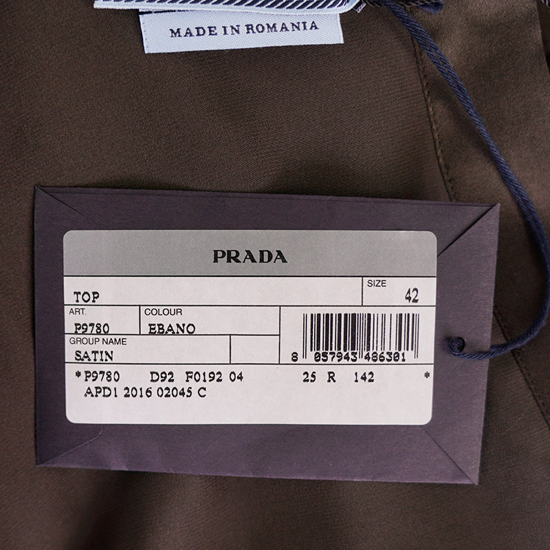 sz 42 NEW $1,980 PRADA Ebony Dk Brown 100% Silk Satin TIE NECK BLOUSE Shirt TOP