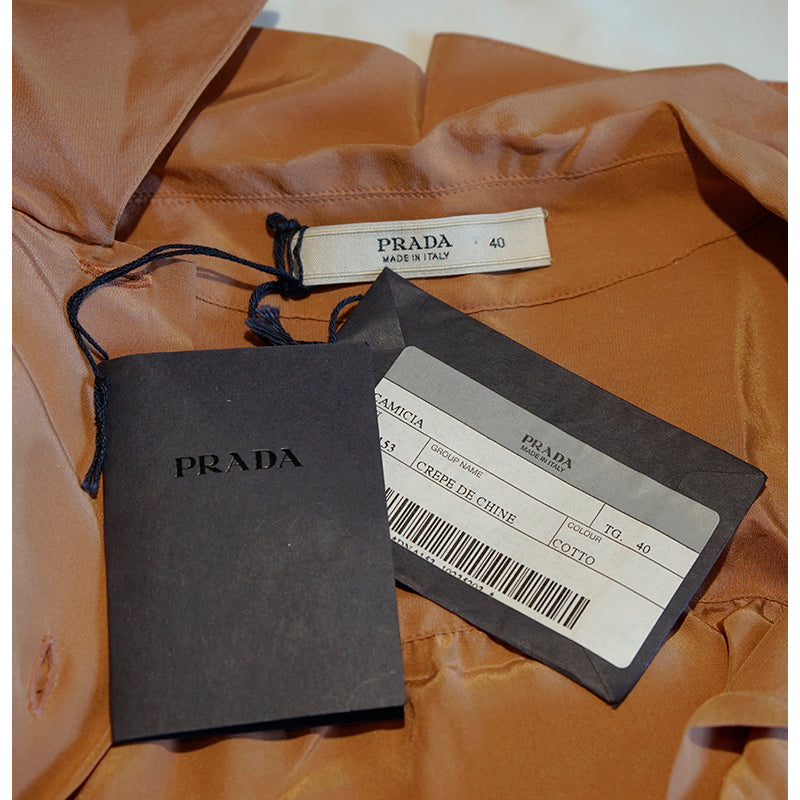 sz 42 NEW $1,980 PRADA Ebony Dk Brown 100% Silk Satin TIE NECK BLOUSE Shirt TOP