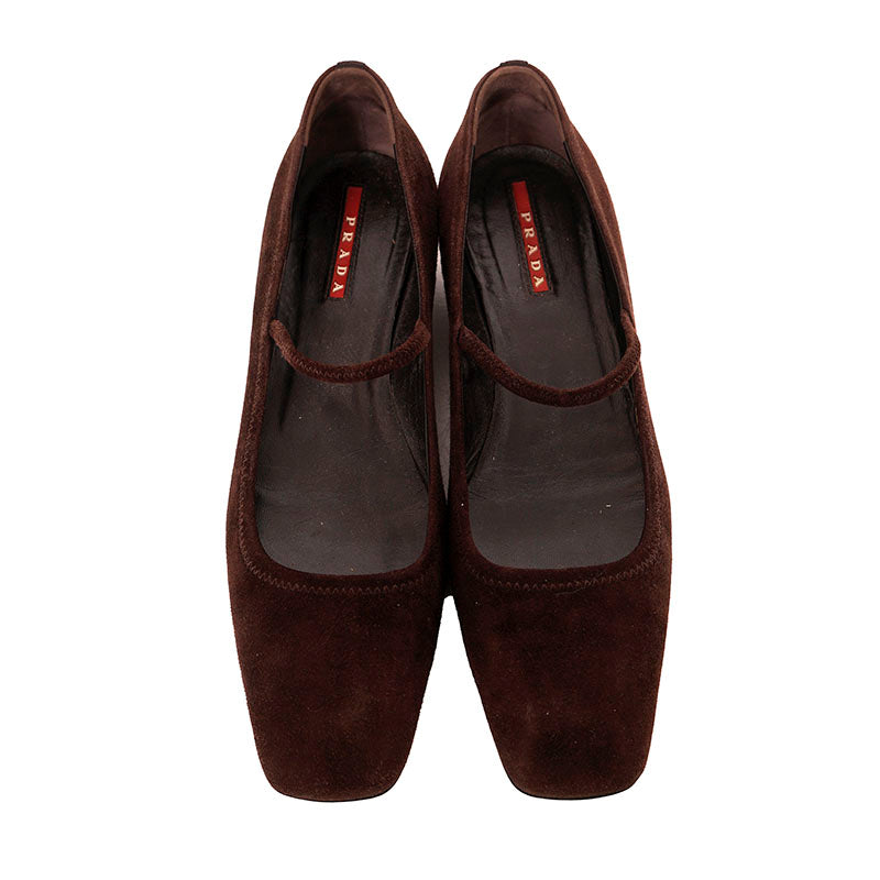 36.5 VINTAGE Y2K PRADA Brown Suede Square Toe MARY JANE Wedge HEELS NEVER WORN