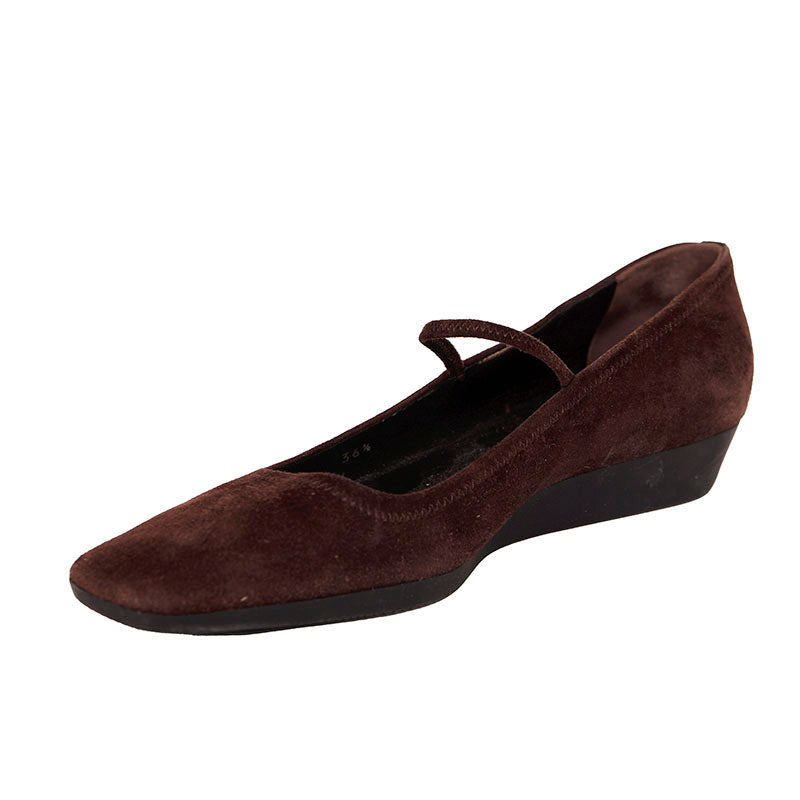 36.5 VINTAGE Y2K PRADA Brown Suede Square Toe MARY JANE Wedge HEELS NEVER WORN