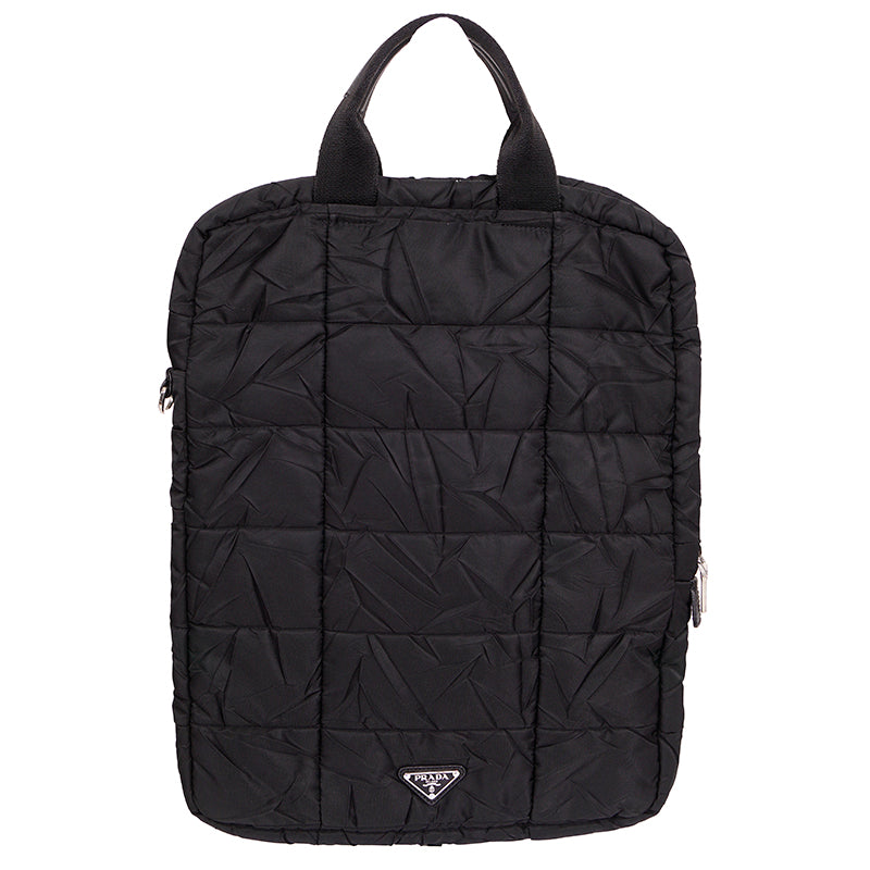 VINTAGE 2010 PRADA Black PADDED QUILTED Logo Nylon Vertical TECH TRAVEL TOTE BAG