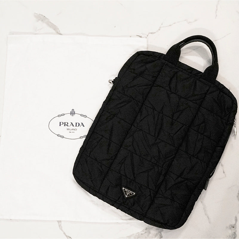 VINTAGE 2010 PRADA Black PADDED QUILTED Logo Nylon Vertical TECH TRAVEL TOTE BAG