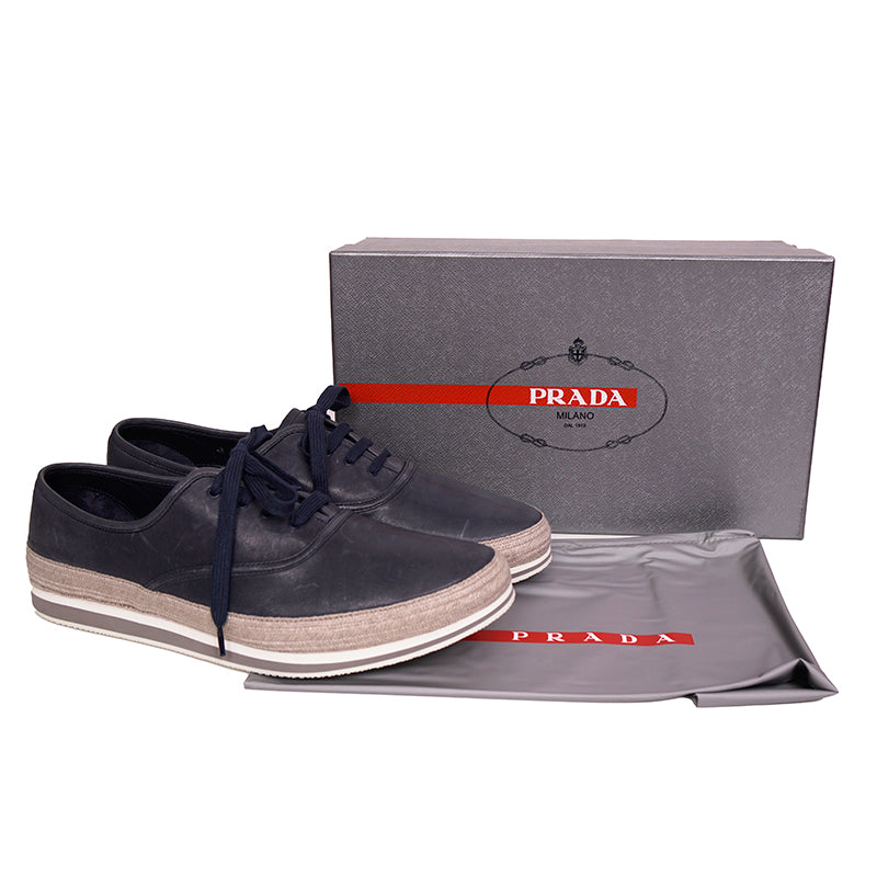 UK 11.5 US 12.5 NEW $790 PRADA Aged Leather ESPADRILLE HYBRID Line A SNEAKERS