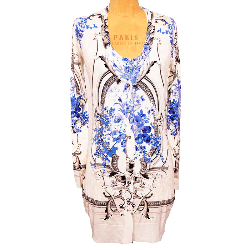 44/46 NEW $2K ROBERTO CAVALLI Ivory FLORAL BAROQUE CARDIGAN & TOP Knit TWIN SET