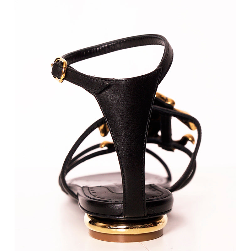 37 NEW $835 ROBERTO CAVALLI Black Leather GOLD RC SNAKE CREST LOGO Flat SANDALS
