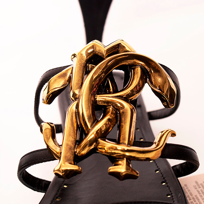 37 NEW $835 ROBERTO CAVALLI Black Leather GOLD RC SNAKE CREST LOGO Flat SANDALS