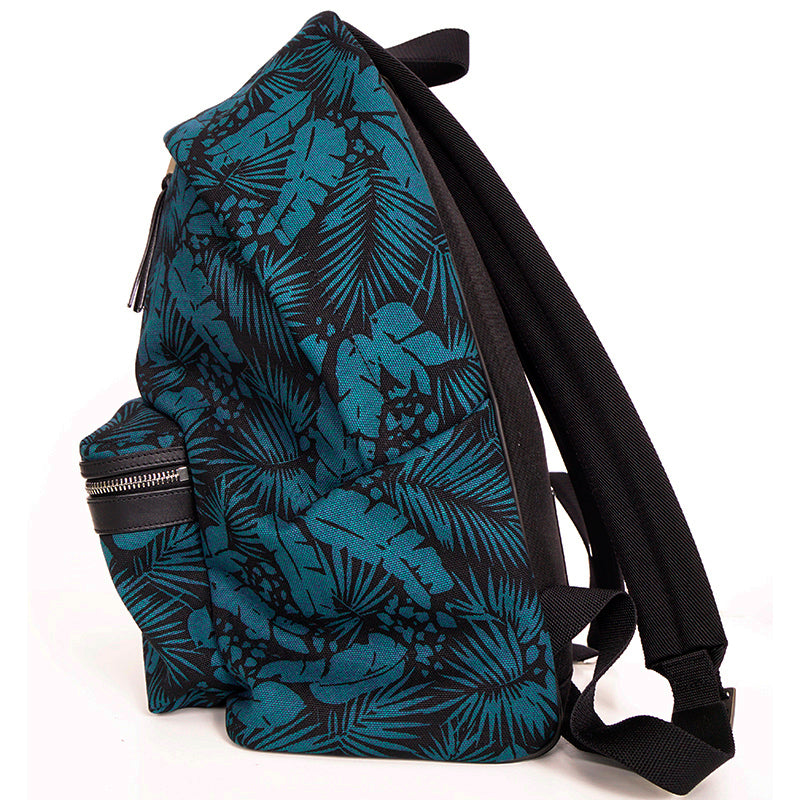 NEW $1150 SAINT LAURENT Turquoise TROPICAL PALM FLORAL Canvas CITY BACKPACK Bag