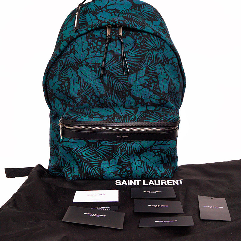 NEW $1150 SAINT LAURENT Turquoise TROPICAL PALM FLORAL Canvas CITY BACKPACK Bag