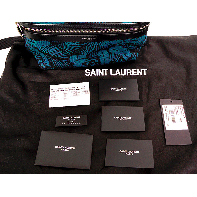 NEW $1150 SAINT LAURENT Turquoise TROPICAL PALM FLORAL Canvas CITY BACKPACK Bag