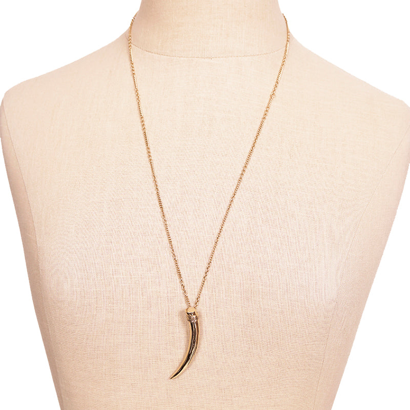 NEW $495 SAINT LAURENT Gold-Tone Brass HORN TUSK Necklace w/ YSL LOGO CHARM