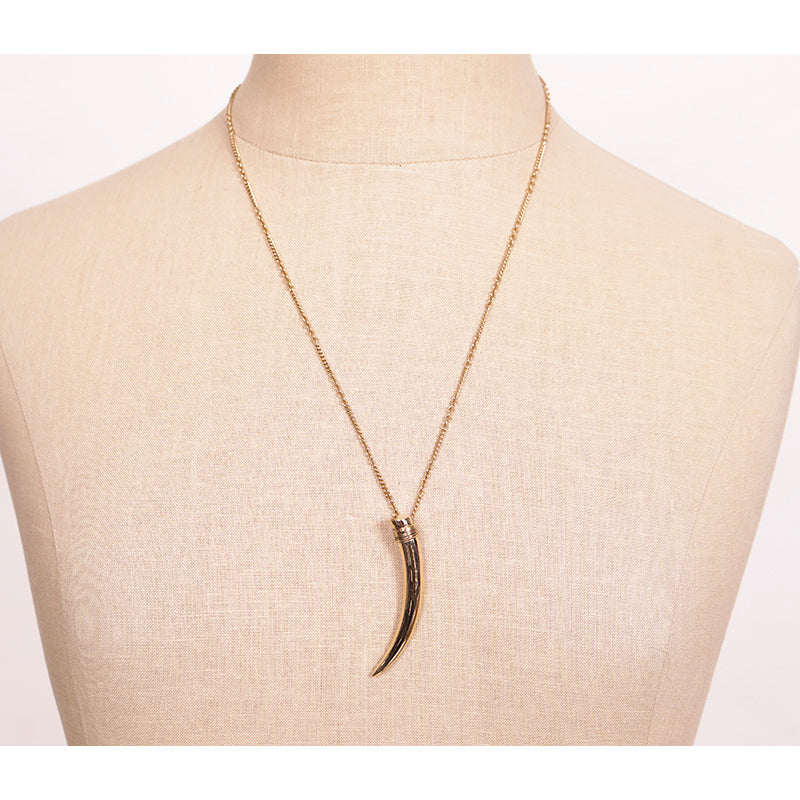 NEW $495 SAINT LAURENT Gold-Tone Brass HORN TUSK Necklace w/ YSL LOGO CHARM